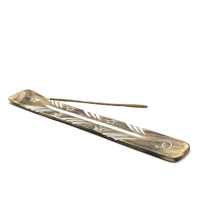 Burnt Wooden Incense Holder with White Inlaid Carvings